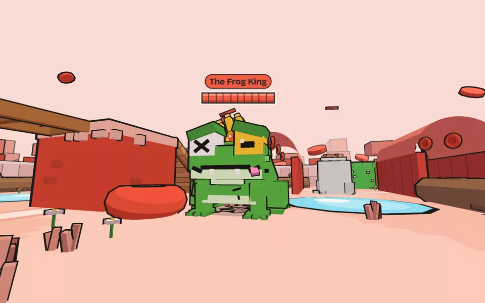 Zombio: the Frog King, a boss with a crown and a cure bar, in the bloodstream arena