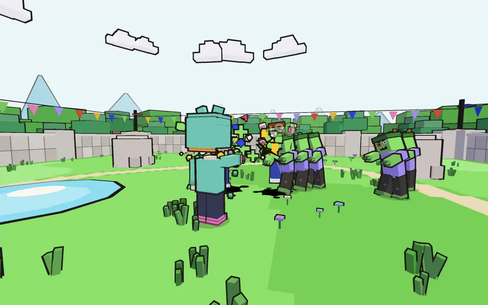 Zombio: a wave of zombies reaching the player in the Boulders arena, cure goo flying