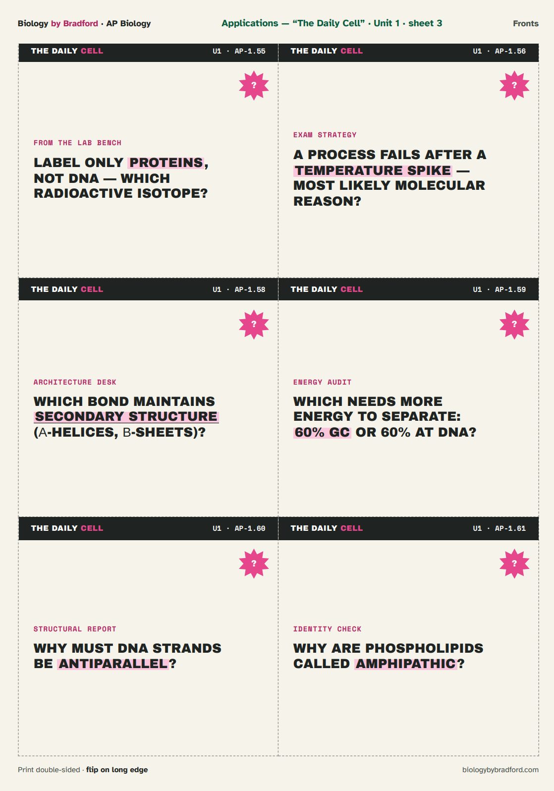 The Daily Cell application cards, question side
